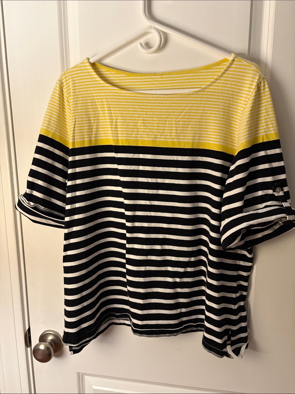 Ruby Rd. Yellow, Black and White Striped Boatneck Tee